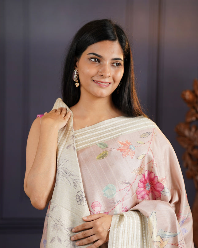 Tusser Silk Saree With Digital Floral Design - Light Pink