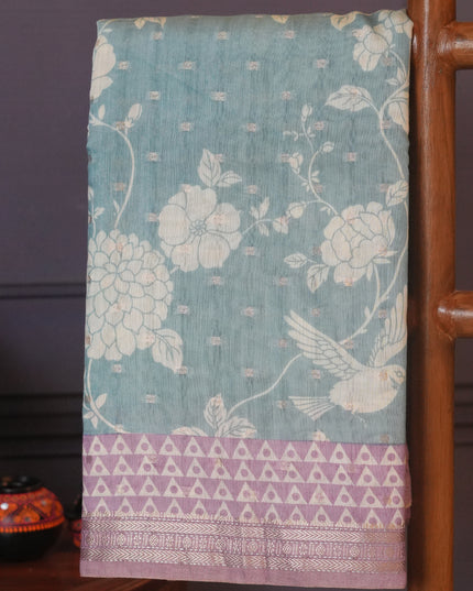 Muslin Silk Floral Print Golden Buttis With Contrast Border - Light Blue