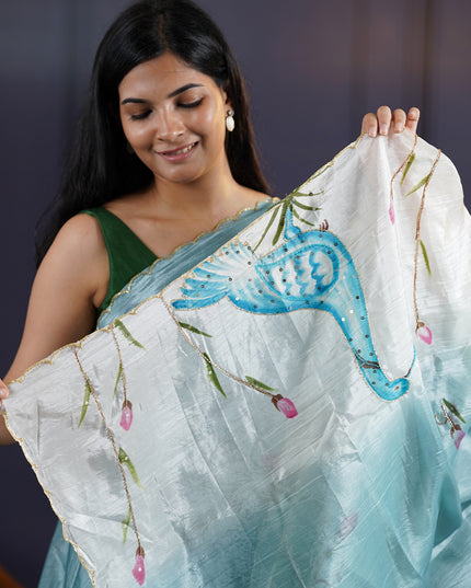 Russian Silk Saree Hand Painting Design With Kardana & Sequence Work Scallop Border With Pearl Work- Sky blue