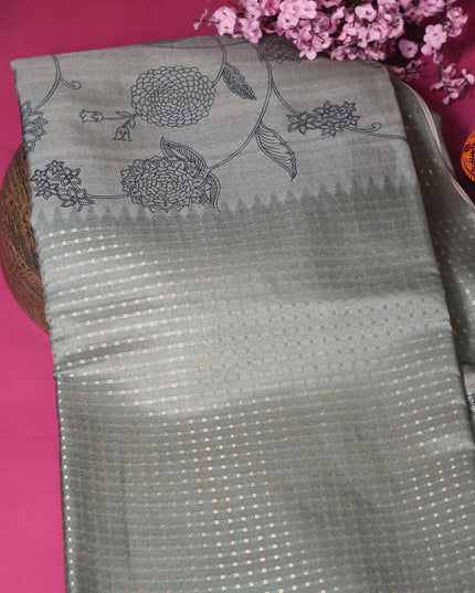 Tussar silk saree floral print with weaving check border - Mint Green