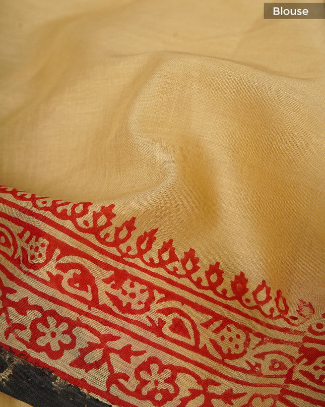 Mul Cotton Saree with  Block Printed and conratst border - Beige Sand