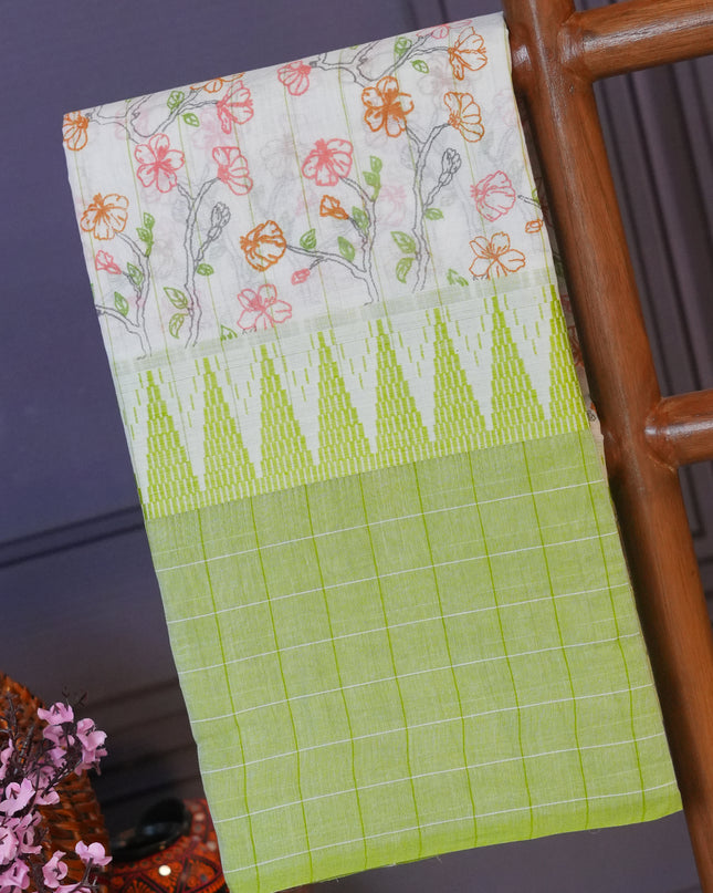 Mangalagiri cotton foral print contrast Border - Cream & Pista Green