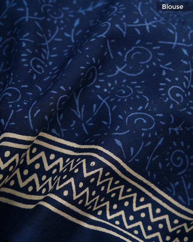 mulCotton Saree with  Block Printed - Navy Blue
