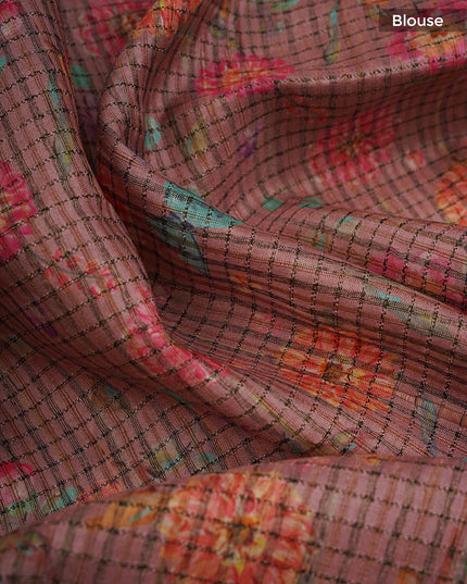 Tusser Weaving Checks Floral Print with Golden Border- White Pink