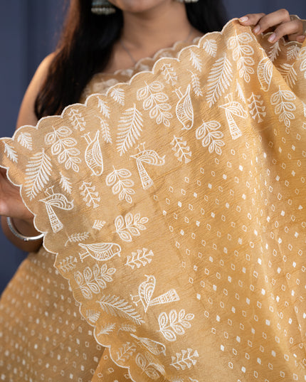 Soft Crush Tissue Saree With  Thread Embroidery Work and Scallop Border- Tan