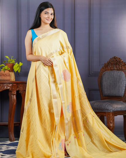Chanderi Silk Zari Border Embroidery Work - Yellow