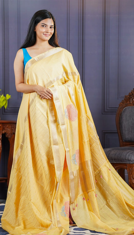 Chanderi Silk Zari Border Embroidery Work - Yellow