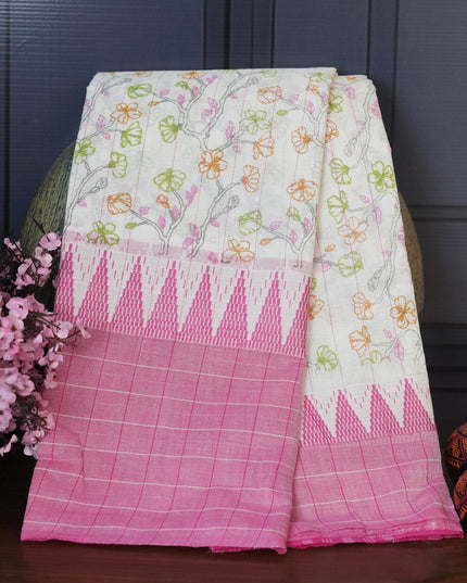 Mangalagiri cotton foral print contrast Border - Cream & Pink