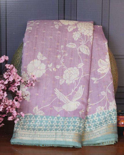 Muslin Silk Floral Print Golden Buttis With Contrast Border - Lavender