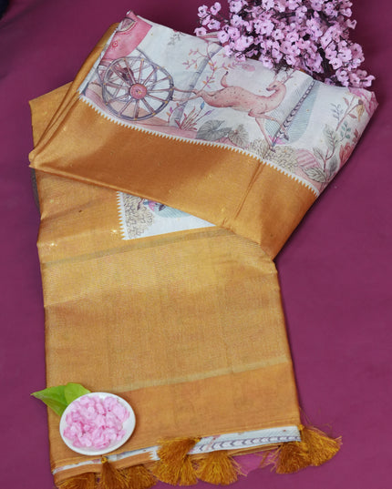 Tussar silk saree with digital print zari border - Mustard