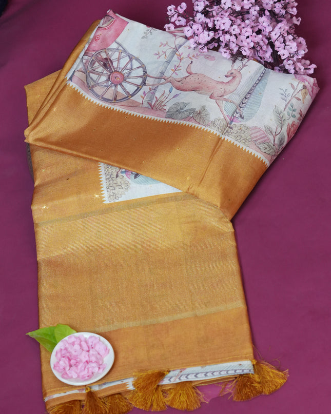 Tussar silk saree with digital print zari border - Mustard