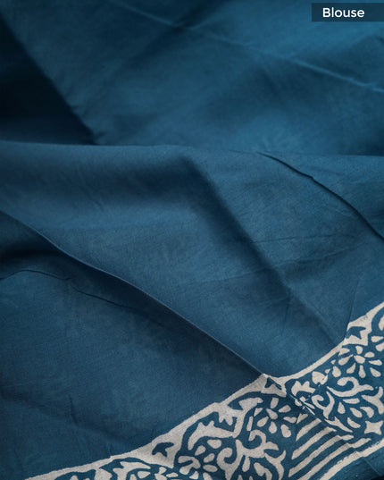 MulCotton Saree with Indigo Block Printed - Deep teal blue