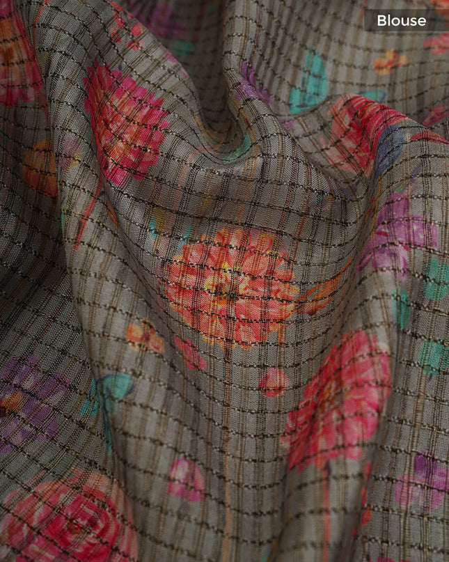 Tusser Weaving Checks Floral Print with Golden Border- White Green