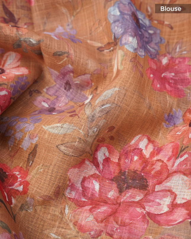 Linen Silk Floral Pallu With Silver Zari Border - Mustard