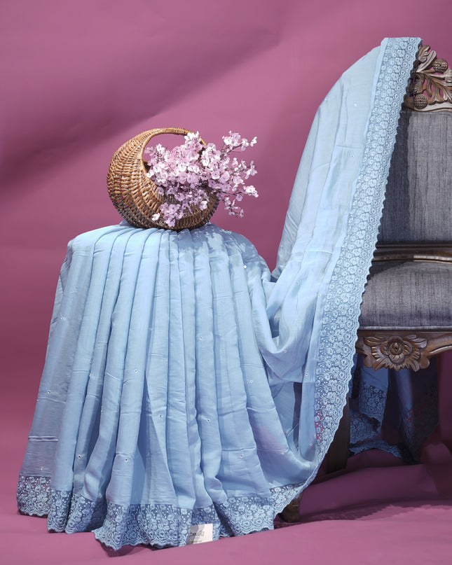 Mul Chanderi saree with Mirror work and lace Border - Blue
