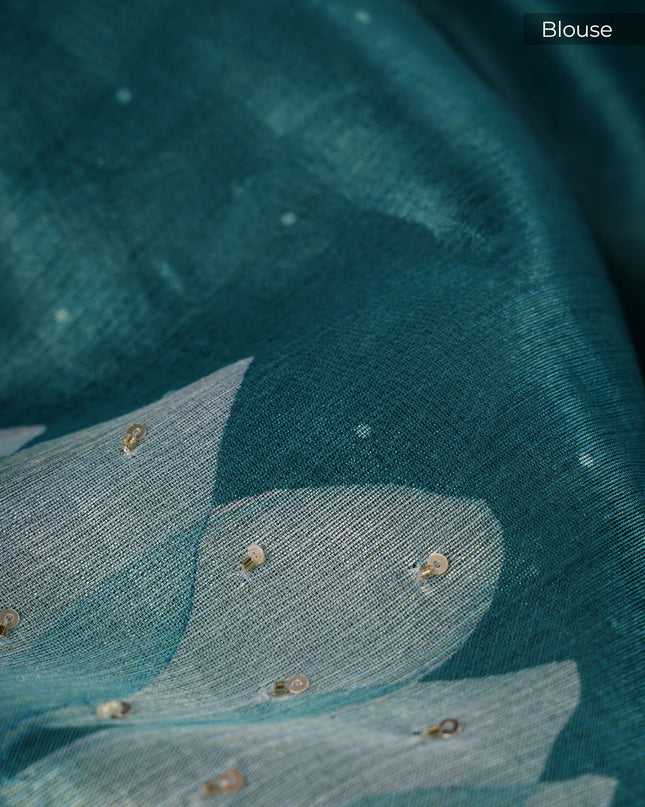 Jute Linen Tissue Floral Digital Print Scallop Border Kardana & Pearl Work - Sea Blue