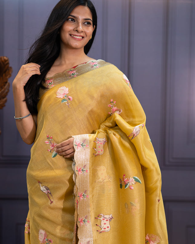 Tissue Soft Organza Silk with Zari & Thread Embroidery, Pichwai design -