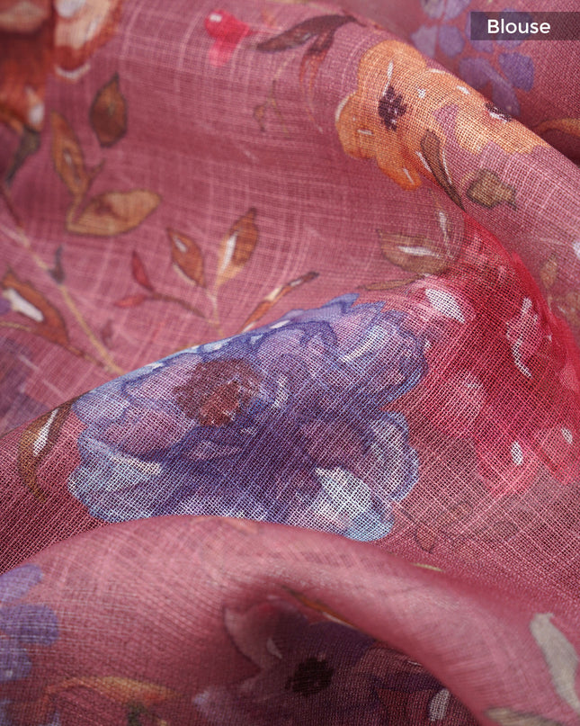 Linen Silk Floral Pallu With Silver Zari Border - Maroon