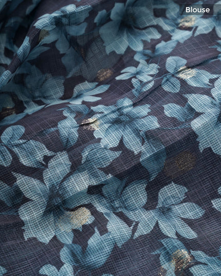 Silk Kota Saree With Gold Waving Butties And Floral Print Border - Sea Blue