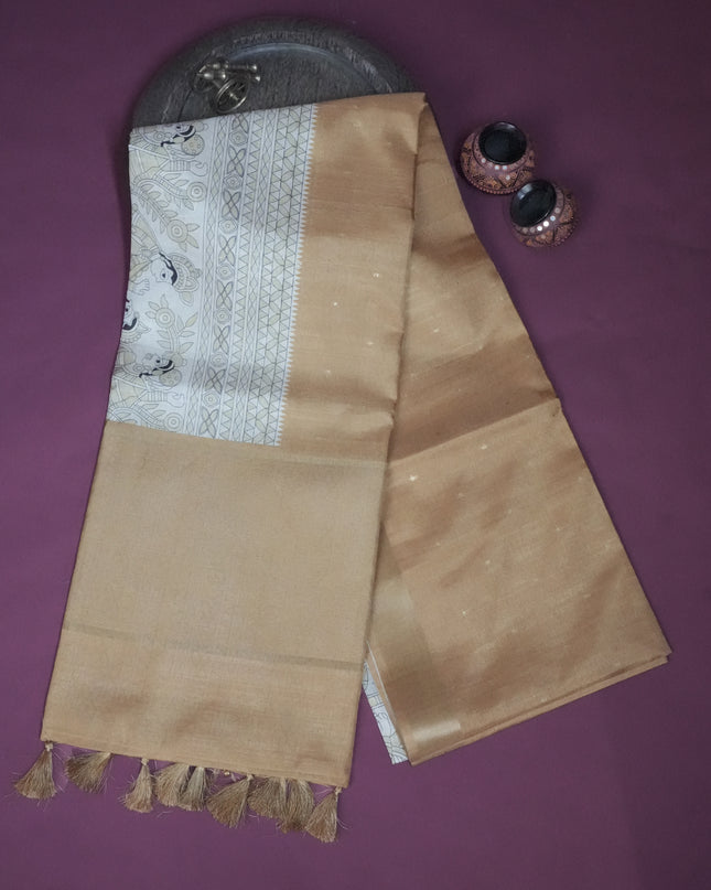 Tussar silk saree with madhubani print zari border - Mustard Yellow