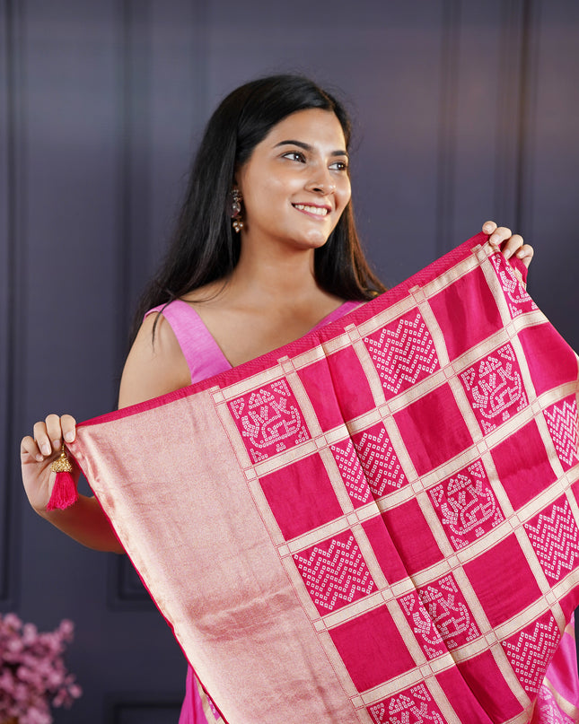 Dola Silk Saree with Bhandni  Weaving - Pink
