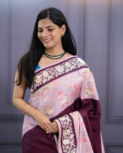 Tusser Silk Parce Work Border - Wine