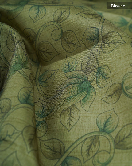 Tissue Lenin Saree with Applique Work- Pista Green