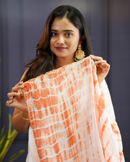 Soft Silk Crepe Shibori Print with Scallop Border-Orange