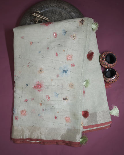 Tissue linen silk saree floral print with not work - Light Blue