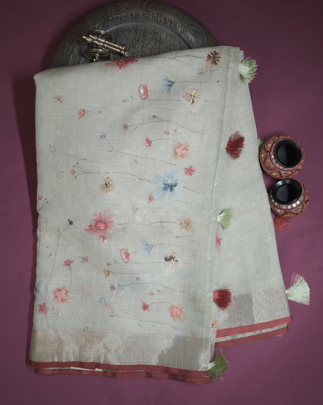Tissue linen silk saree floral print with not work - Light Blue