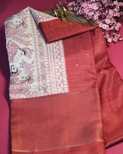 Tussar silk saree with madhubani print zari border - Maroon