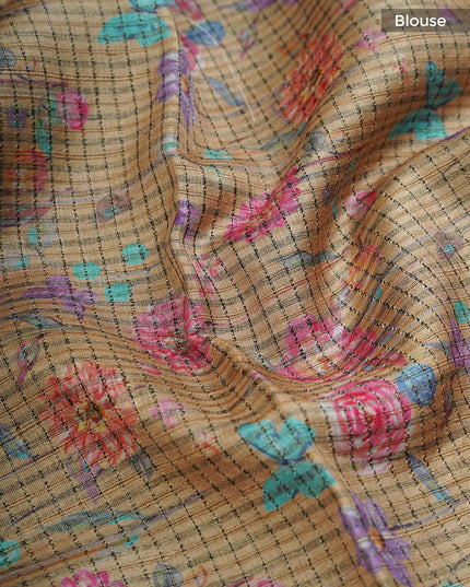 Tusser Weaving Checks Floral Print with Golden Border- Beige
