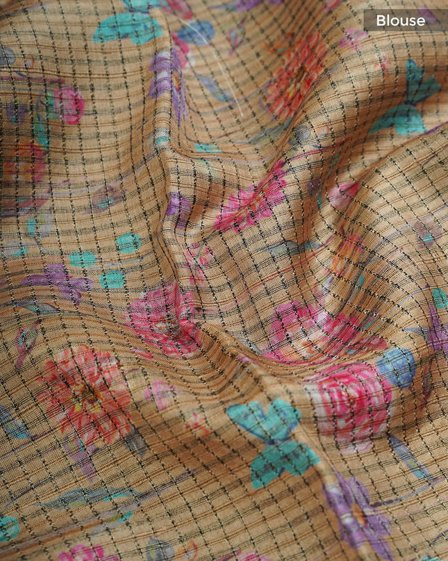 Tusser Weaving Checks Floral Print with Golden Border- Beige