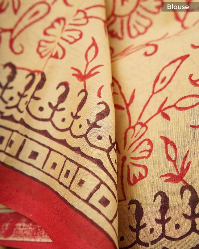 Mul cotton saree with block print and contrast border - Cream