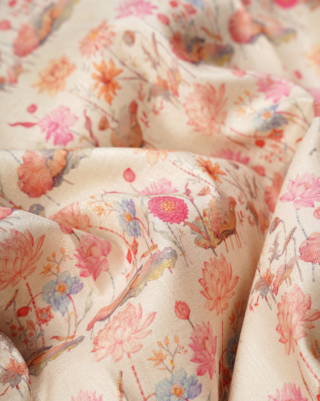 Semi Tusser Silk Saree With Contrast Border And Thread Embroidery Butties -  Beige Mustard