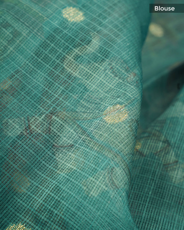 Silk Kota Saree With Digital Print And Gold Weaving Butties - Bottle Green