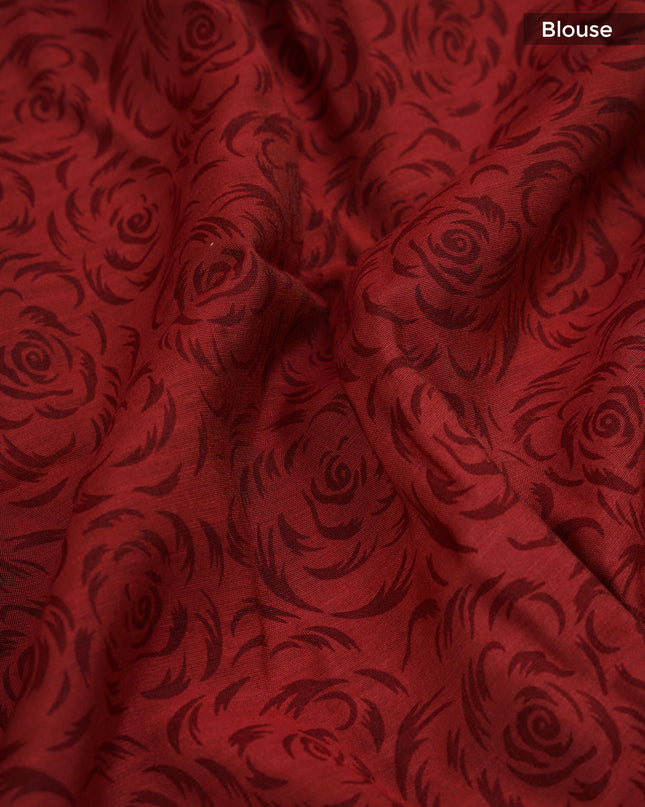 Chanderi Silk Floral Print with Contrast Border- Black