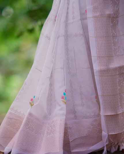 Mangalagiri Silk With Thread Embroidery Work and Silver Zari Border - White