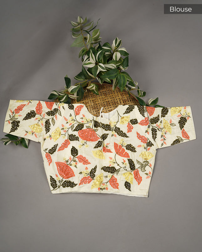 Italian Crape Sequence Work With Scallop Border Kardana Work - Orange