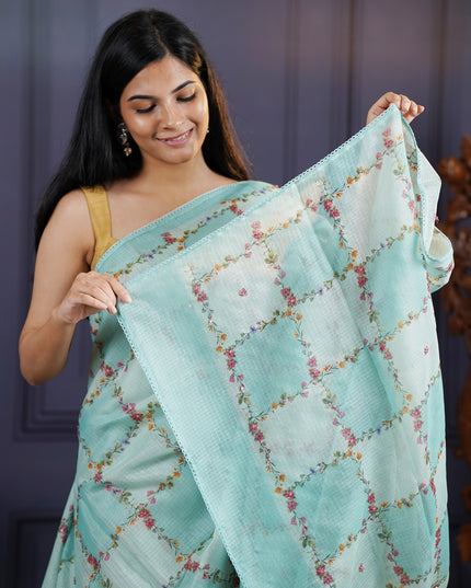 Kota Silk Saree with Floral Print and Knot Work- Light Blue