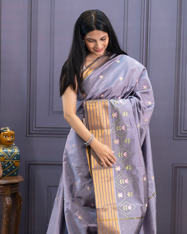 Managalagiri Silk With Embroidery & Golden Border - Grey