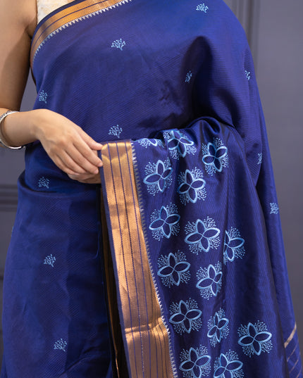 Mangalagiri Silk Embroidery Work With Golden Border - Blue