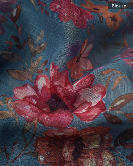 Linen Silk Floral Pallu With Silver Zari Border - Blue