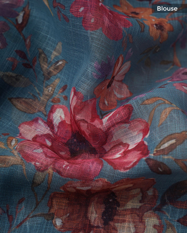 Linen Silk Floral Pallu With Silver Zari Border - Blue