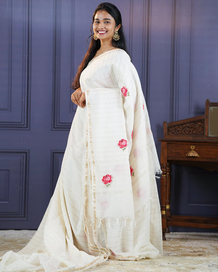 Soft Chanderi Silk Saree With  Thread Embroidery Butties - White