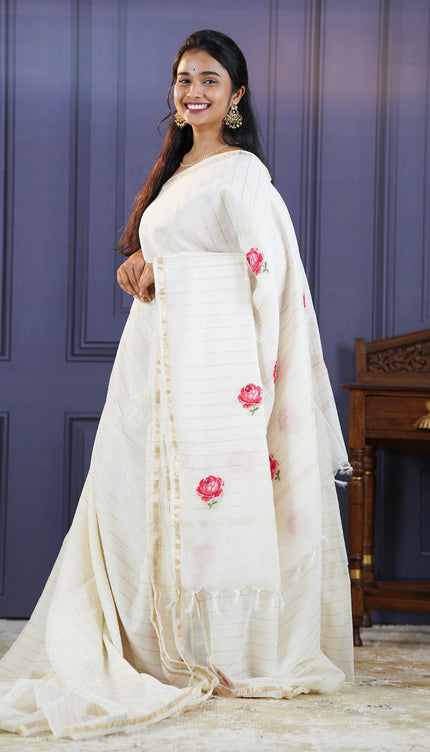 Soft Chanderi Silk Saree With  Thread Embroidery Butties - White