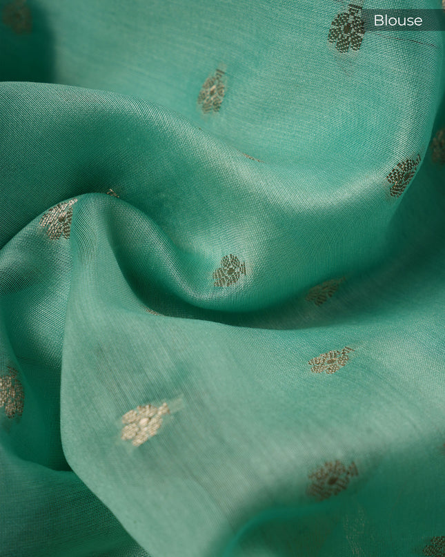 Mul Chanderi With Thread Embroidery Buttis and Scallop Border - Sea Green