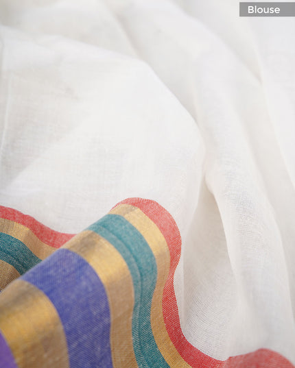 Mul Cotton Sarees with multi-colored striped border - White