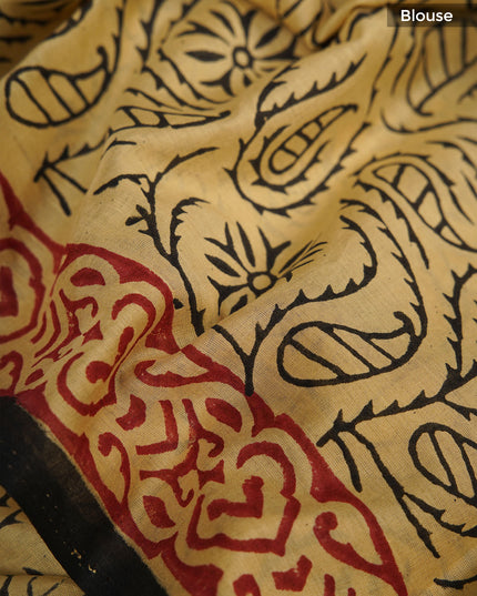 Mul Cotton Saree with  Block Printed and conratst border - Mastered Yellow