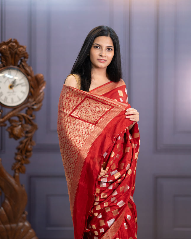 Banaras Silk Saree Gold & Silver Zari Butties and Border - Red